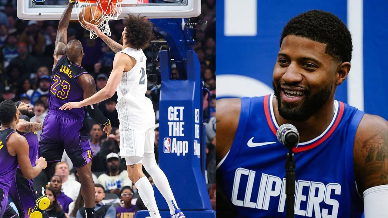 LeBron James's poster on Dereck Lively (L) and Paul George (R)