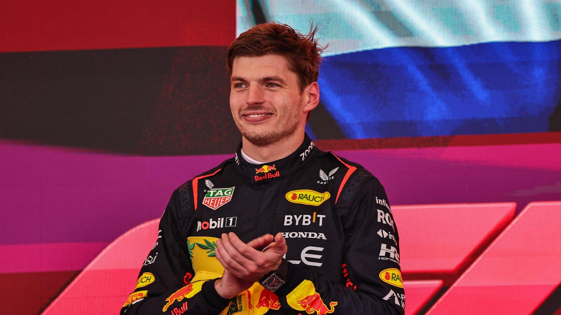 Max Verstappen (NED) - Oracle Red Bull Racing - Red Bull RB20 - Honda RBPT on the podium after the Formula 1 Lenovo Grande Premio de Sao Paulo 2024, scheduled to take place at Interlagos Circuit