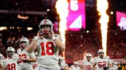 Ohio State Buckeyes quarterback Will Howard (18) take the field for the start of the game against Notre Dame Fighting Irish during the College Football Playoff National Championship at Mercedes-Benz Stadium in Atlanta on January 20, 2025.