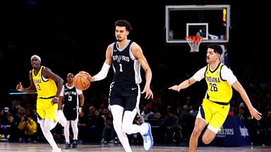 San Antonio Spurs player Victor Wembanyama in action with Indiana Pacers player Ben Sheppard in the Paris Games 2025 NBA basketball game at Accor Arena