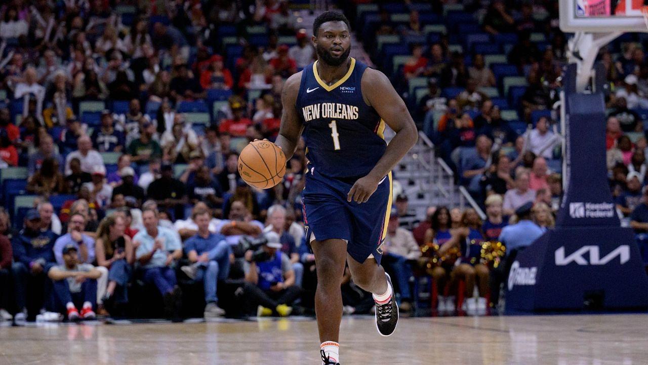 ew Orleans Pelicans forward Zion Williamson (1) dribbles against the Cleveland Cavaliers during the first half at Smoothie King Center.