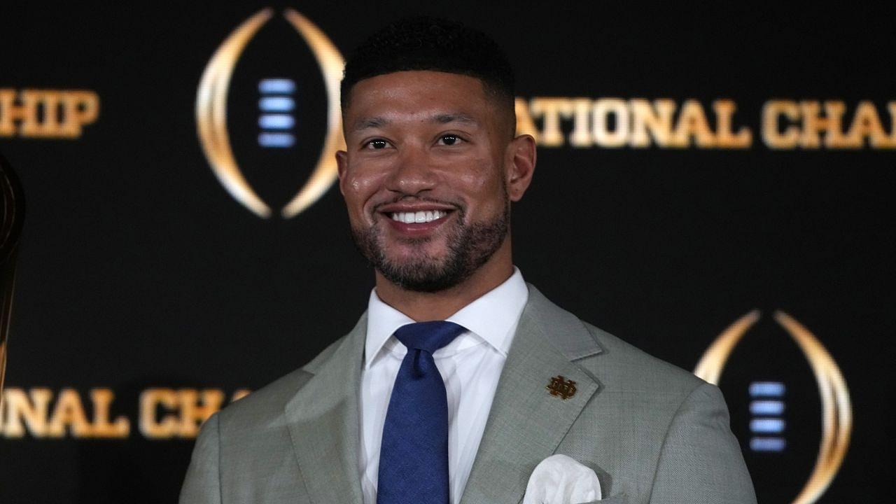 Notre Dame Fighting Irish head coach Marcus Freeman during College Football Playoff National Championship press conference at The Westin Peachtree Plaza, Savannah Ballroom.