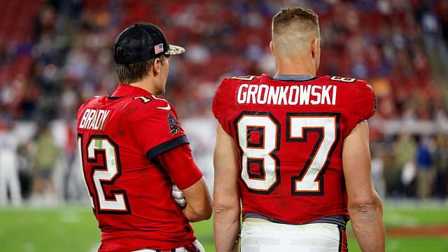 Tampa Bay Buccaneers quarterback Tom Brady (12) and tight end Rob Gronkowski (87) look on in the second half against the New York Giants at Raymond James Stadium.