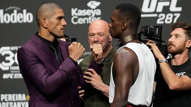 Alex Pereira and Israel Adesanya face off for the press and the fans at UFC287 - Pereira v Adesanya 2 - press conference, PK, Pressekonferenz at Kaseya Center on April 6, 2023 in Miami, Florida Miami, Florida United States - ZUMAp175 20230406_zsa_p175_044 Copyright: xLouisxGrassex