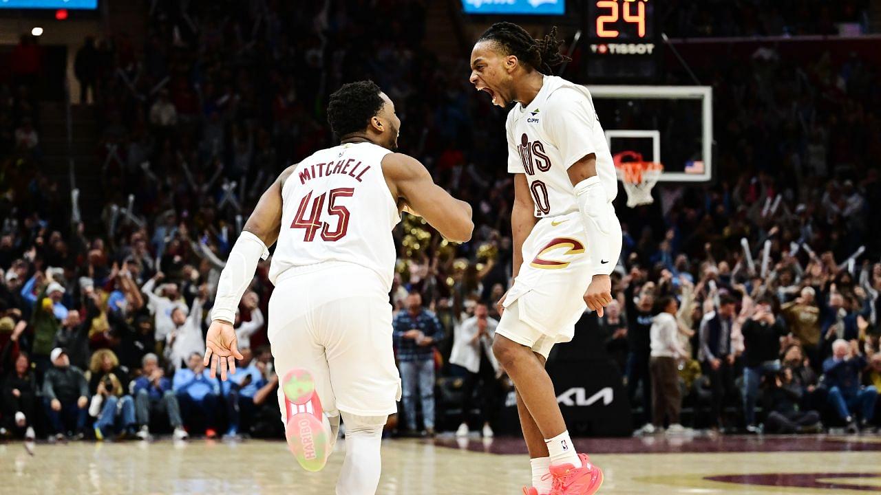 Cleveland Cavaliers guard Donovan Mitchell (45) and guard Darius Garland (10) celebrate after Mitchell made a three point basket during the second half against the Oklahoma City Thunder at Rocket Mortgage FieldHouse.