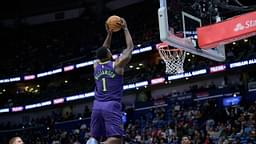 New Orleans Pelicans forward Zion Williamson (1) dunks against the Minnesota Timberwolves during the first half at Smoothie King Center.