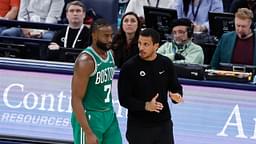 Boston Celtics head coach Joe Mazzulla talks to guard Jaylen Brown (7) on a break in play against the Oklahoma City Thunder during the third quarter at Paycom Center.