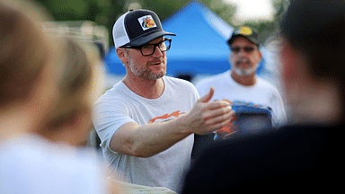 Dale Earnhardt Jr. talks to fans before the 16th Annual Hampton Heat at Langley Speedway.