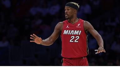 Miami Heat forward Jimmy Butler (22) reacts against the Portland Trail Blazers during the third quarter at Kaseya Center