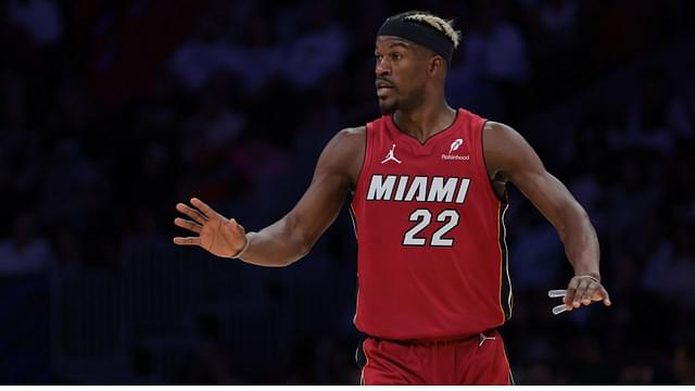 Miami Heat forward Jimmy Butler (22) reacts against the Portland Trail Blazers during the third quarter at Kaseya Center