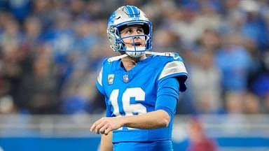 Detroit Lions quarterback Jared Goff (16) looks on after being sacked in the first quarter against the Washington Commanders in the NFC divisional round at Ford Field in Detroit on Saturday, Jan. 18, 2025.