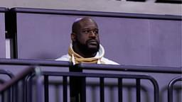 Former NBA player Shaquille O'Neal sits courtside during the first half between the Florida Gators and the LSU Tigers at Exactech Arena at the Stephen C. O'Connell Center.