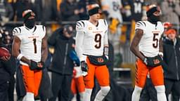 Cincinnati Bengals wide receiver Ja'Marr Chase (1), quarterback Joe Burrow (9) and wide receiver Tee Higgins (5) take the field as captains for the coin toss before the first quarter of the NFL Week 18 game between the Pittsburgh Steelers and the Cincinnati Bengals at Acrisure Stadium in Pittsburgh on Saturday, Jan. 4, 2025.