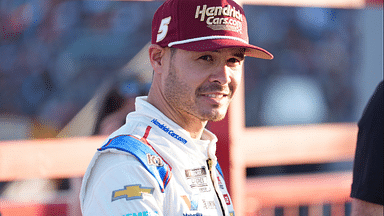 NASCAR Cup Series driver Kyle Larson (5) flies in from Indy and arrives during the All Star race at North Wilkesboro Speedway.