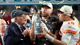 Super Bowl 57: Kansas City Chiefs quarterback Patrick Mahomes passes the the Lombardi Trophy to Travis Kelce after winning the Super Bowl against the Philadelphia Eagles at State Farm Stadium on Feb 12, 2023.