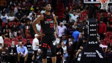 Miami Heat forward Jimmy Butler (22) looks on from the court against the Memphis Grizzlies during the fourth quarter at Kaseya Center.