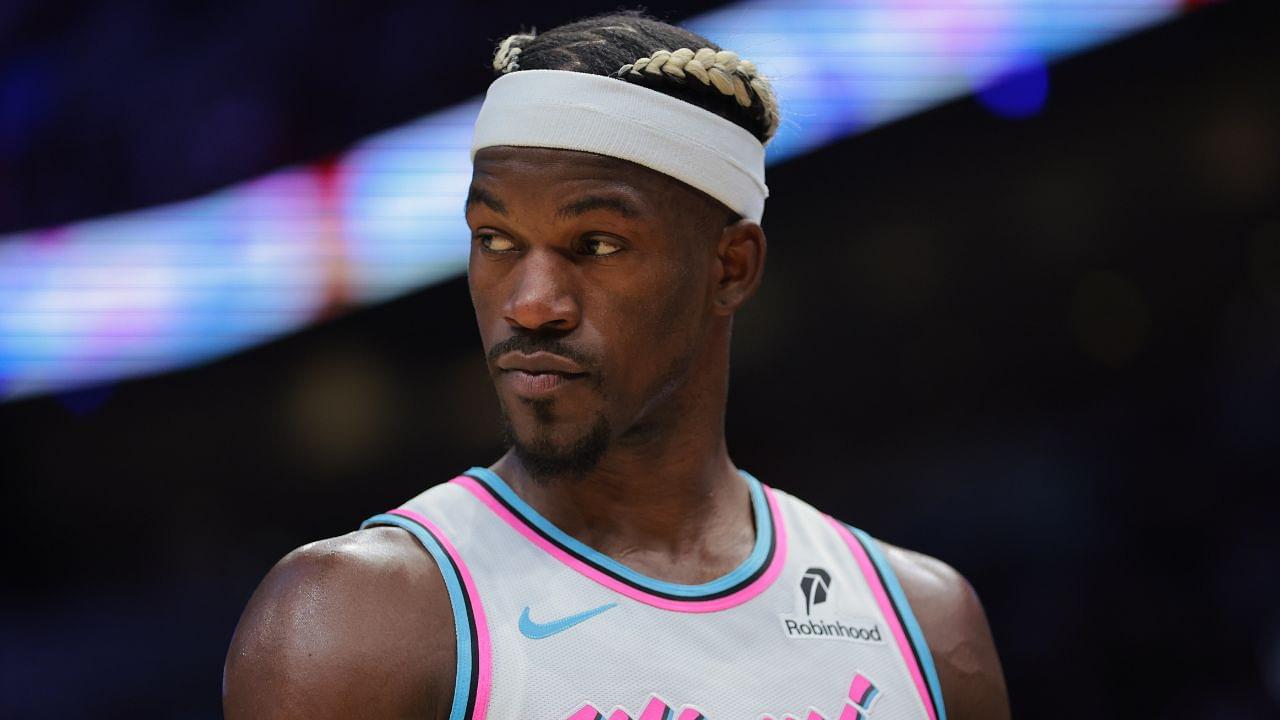 Miami Heat forward Jimmy Butler (22) looks on against the Denver Nuggets during the third quarter at Kaseya Center