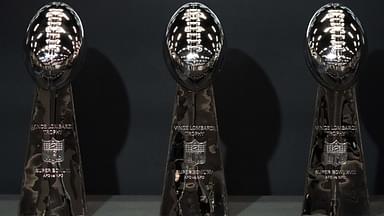 The Oakland and Las Los Angeles Raiders Vince Lombardi Super Bowl 11 (XI), Super Bowl 15 (XV) and Super Bowl 28 (XVIII) champion trophies at the Intermountain Health Performance Center.