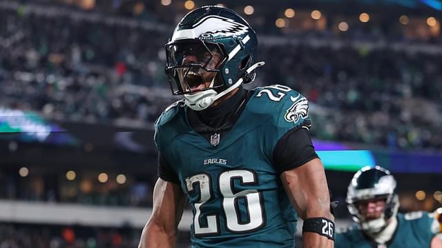 Jan 26, 2025; Philadelphia, PA, USA; Philadelphia Eagles running back Saquon Barkley (26) celebrates after a touchdown against the Washington Commanders during the second half in the NFC Championship game at Lincoln Financial Field.