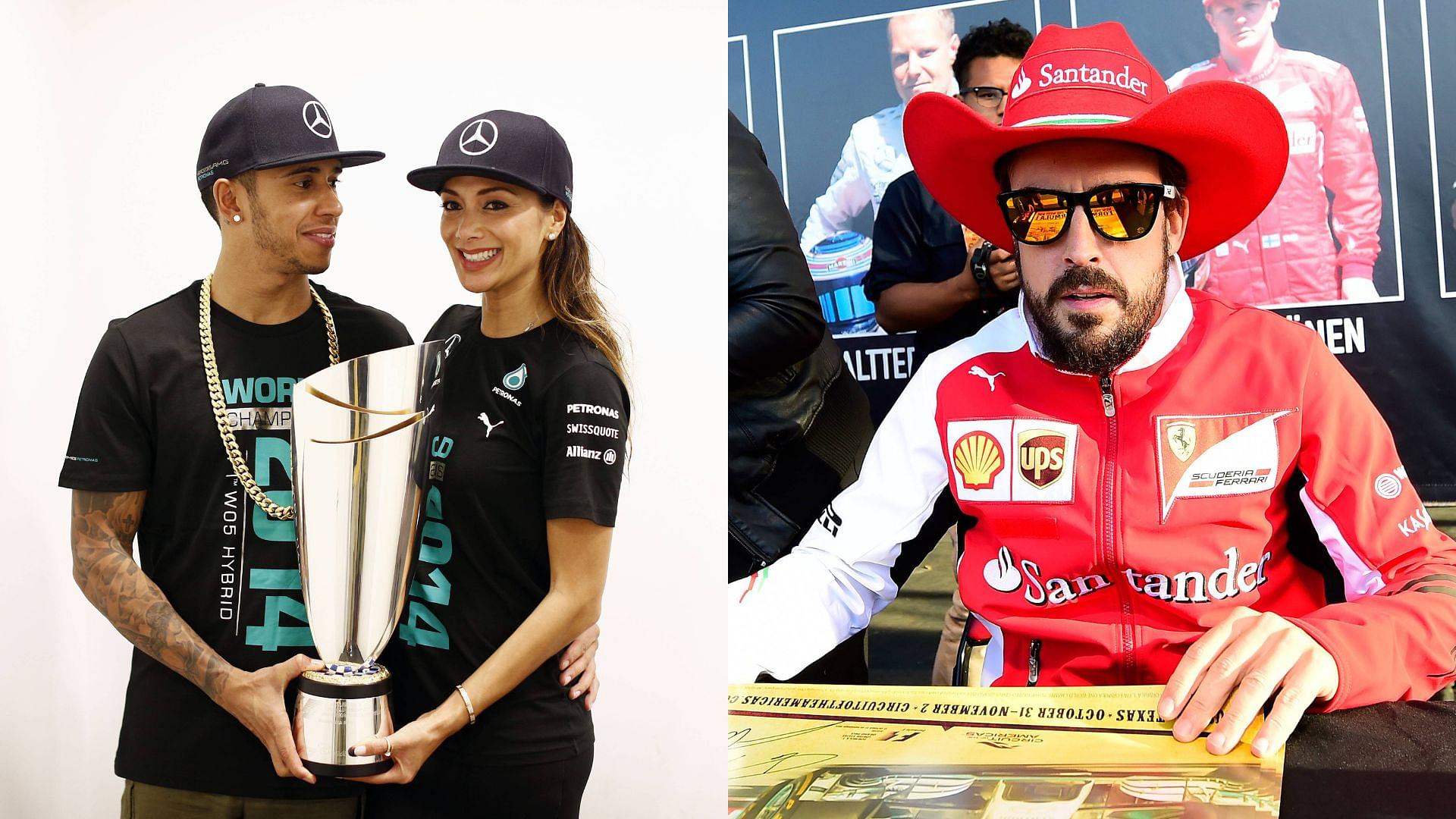 Lewis Hamilton and Nicole Scherzinger (L), and Fernando Alonso (R)