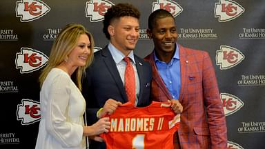 Kansas City Chiefs number 10 pick Patrick Mahomes II poses for a photo with his mother Randi and father Pat during the press conference at Stram Theatre.