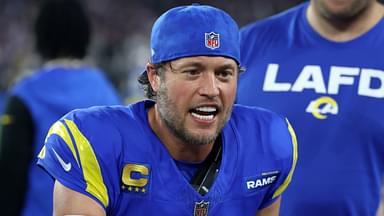 Jan 13, 2025; Glendale, AZ, USA; Los Angeles Rams quarterback Matthew Stafford (9) reacts on the bench against the Minnesota Vikings during the first half in an NFC wild card game at State Farm Stadium.