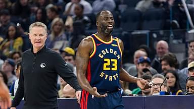 Golden State Warriors forward Draymond Green (23) and head coach Steve Kerr react during the first quarter against the Miami Heat at Chase Center.