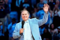 Dec 14, 2024; Chapel Hill, North Carolina, USA; North Carolina Tar Heels head football coach Bill Belichick during half time at Dean E. Smith Center. Mandatory Credit: Bob Donnan-Imagn Images