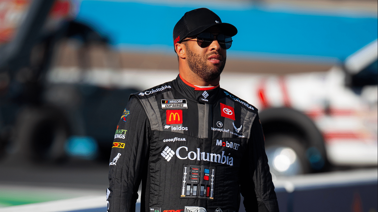 Nov 9, 2024; Avondale, Arizona, USA; NASCAR Cup Series driver Bubba Wallace (23) during qualifying for the Championship race at Phoenix Raceway. Mandatory Credit: Mark J. Rebilas-Imagn Images