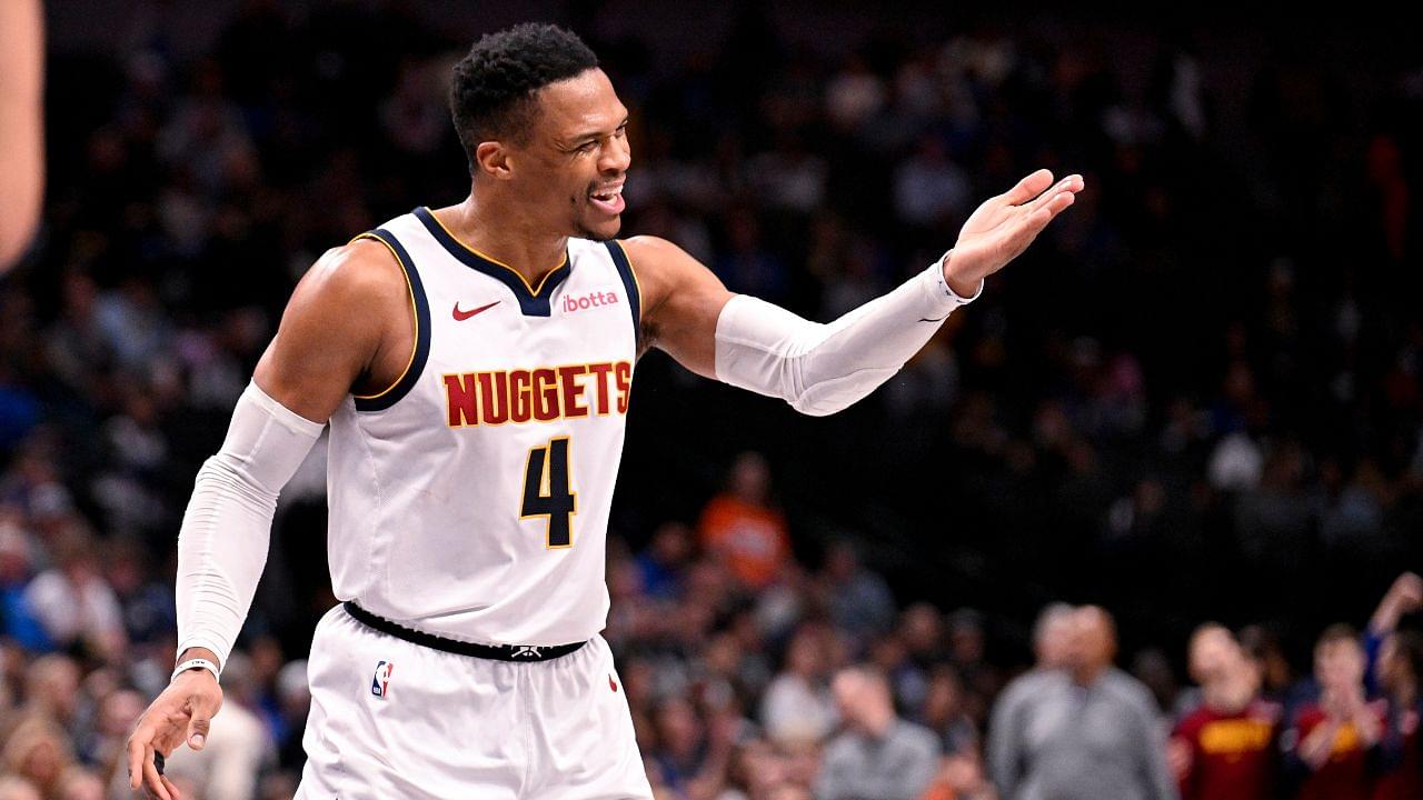 Denver Nuggets guard Russell Westbrook (4) motions to the Dallas Mavericks fans after he scores on a layup during the second half at the American Airlines Center.