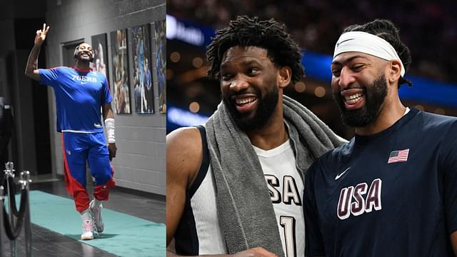 Andre Drummond (L), Joel Embiid and Anthony Davis (R)