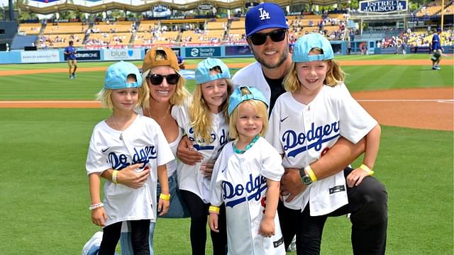 Los Angeles Rams quarterback Matthew Stafford (9) with his wife Kelly with their 4 daughters on the field prior to the game between the Los Angeles Dodgers and the Atlanta Braves at Dodger Stadium. Stafford was at the game on Rams day.