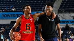 McDonald's All American West guard Bronny James (6) and Bryce Maximus James (right) walk on the court during the Powerade Jam Fest at Delmar Athletic Complex.