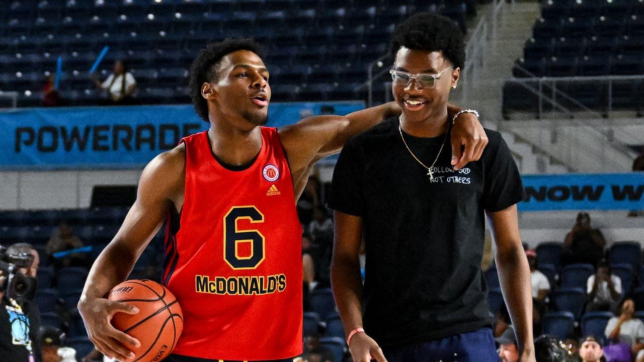 McDonald's All American West guard Bronny James (6) and Bryce Maximus James (right) walk on the court during the Powerade Jam Fest at Delmar Athletic Complex.