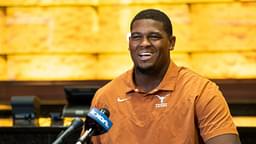 Longhorns football offensive lineman Kelvin Banks Jr. speaks to members of the press ahead of the 2023 football season.