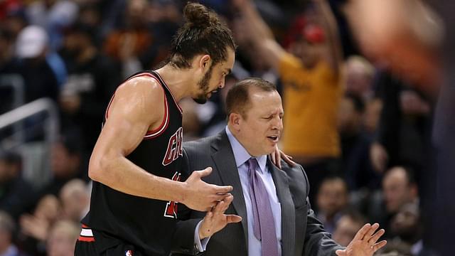 Chicago Bulls center Joakim Noah (13) talks to head coach Tom Thibodeau against the Toronto Raptors at Air Canada Centre. The Bulls beat the Raptors 94-92.