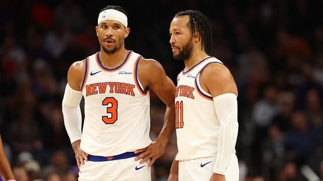 New York Knicks guard Josh Hart (3) and guard Jalen Brunson (11) against the Phoenix Suns at Footprint Center.