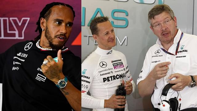 Lewis Hamilton (L), Michael Schumacher and Ross Brawn (R)