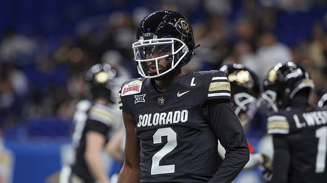 Colorado Buffaloes quarterback Shedeur Sanders (2) warms up before the game against the Brigham Young Cougars