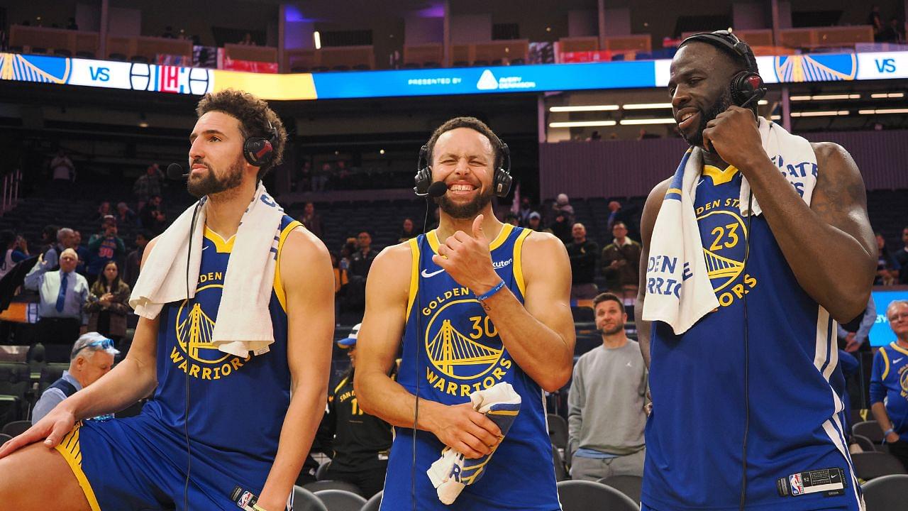 Golden State Warriors guard Klay Thompson (11), guard Stephen Curry (30) and forward Draymond Green (23) after the game against the Los Angeles Clippers at Chase Center.