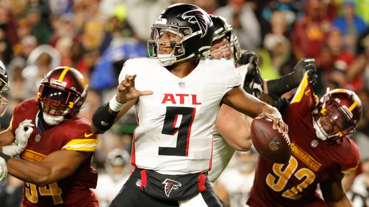 Dec 29, 2024; Landover, Maryland, USA; Atlanta Falcons quarterback Michael Penix Jr. (9) throws the ball against the Washington Commanders during the second half against the Atlanta Falcons at Northwest Stadium.