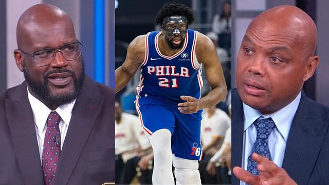 Shaquille O'Neal (L), Joel Embiid (C), and Charles Barkley (R)