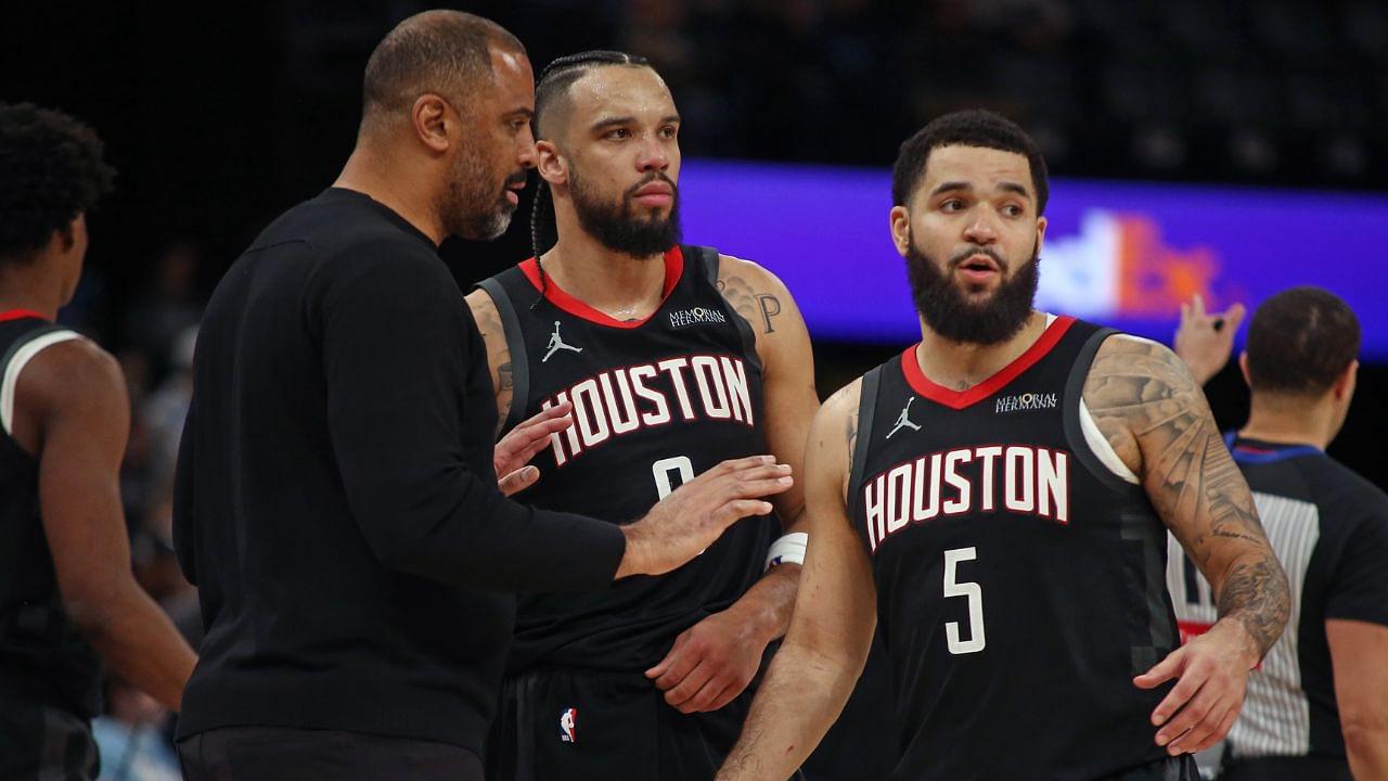 Houston Rockets head coach Ime Udoka (left) talks with forward Dillon Brooks (9) and guard Fred VanVleet (5) during the fourth quarter against the Memphis Grizzlies at FedExForum.