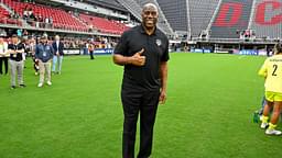 Washington Commanders owner Magic Johnson poses for a photo after the game between the Washington Spirit and Portland Thorns FC at Audi Field.