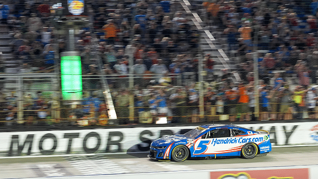 NASCAR Cup Series driver Kyle Larson (5) wins the Bass Pro Shops Night Race at Bristol Motor Speedway.