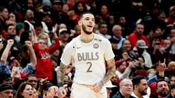 Chicago Bulls guard Lonzo Ball (2) reacts after making a three point basket against the New York Knicks during the second half at United Center