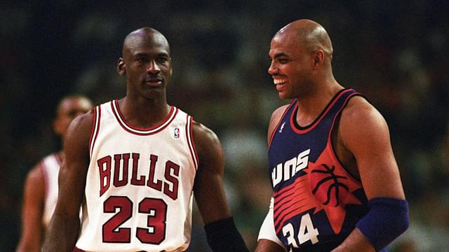 Bulls guard Michael Jordan and Suns forward Charles Barkley face off in the 1993 NBA Finals.