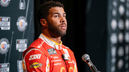 Aug 31, 2023; Charlotte, North Carolina, USA; Bubba Wallace answers questions from the media at Charlotte Convention Center. Mandatory Credit: Jim Dedmon-Imagn Images