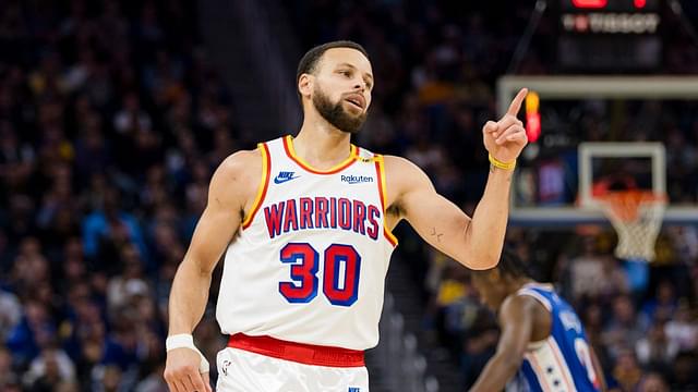 Golden State Warriors guard Stephen Curry (30) reacts after making a three-point shot against the Philadelphia 76ers during the third quarter at Chase Center