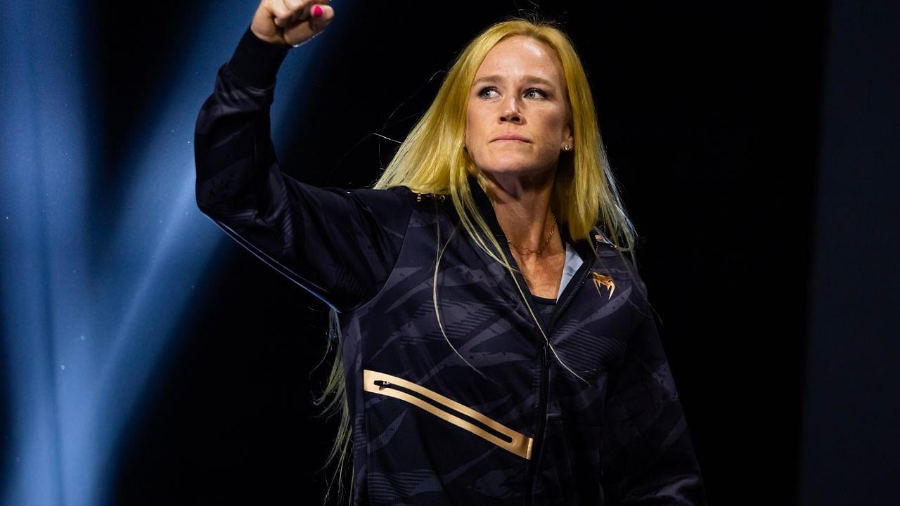 UFC fighter Holly Holm during ceremonial weigh ins for UFC 300 at MGM Grand Garden Arena.